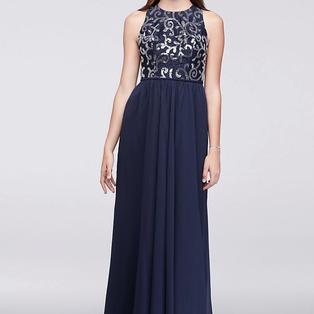 Navy high neck sequin dress with tie back